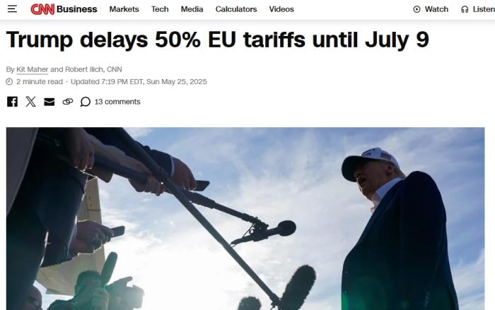 美媒：特朗普同意将对欧盟加征关税日期延至7月9日