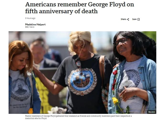 非裔男子弗洛伊德遭白人警察跪压致死五周年 美多地举行悼念活动