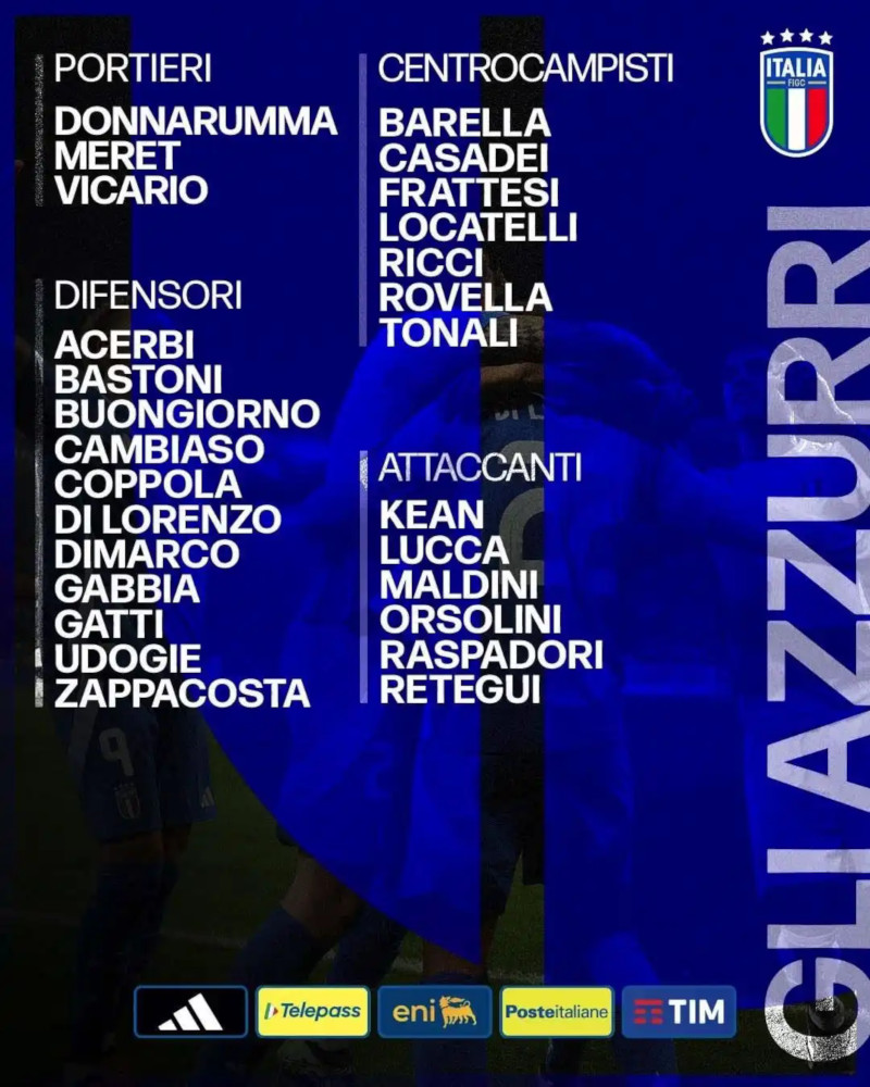意大利国家足球队公布6月世预赛27人名单 巴雷拉领衔国米5人