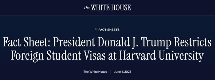 美国宣布将对哈佛大学国际学生实行签证限制