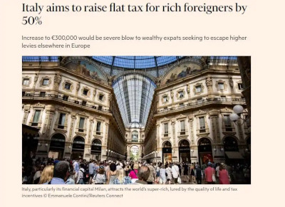 意大利拟将外籍富豪统一税提高50%