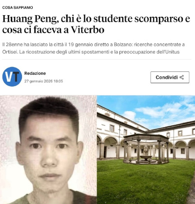 意大利执法部门发现一遗体 疑似失联中国留学生