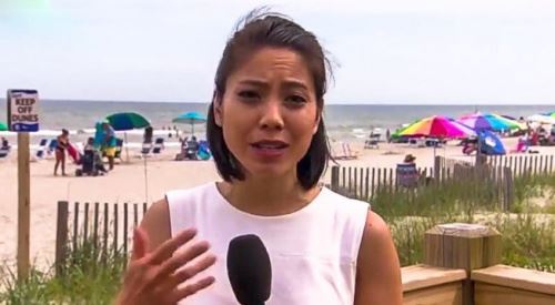 CNN华裔记者陈亦芃周末在海滩采访遭辱骂。(视频截图)